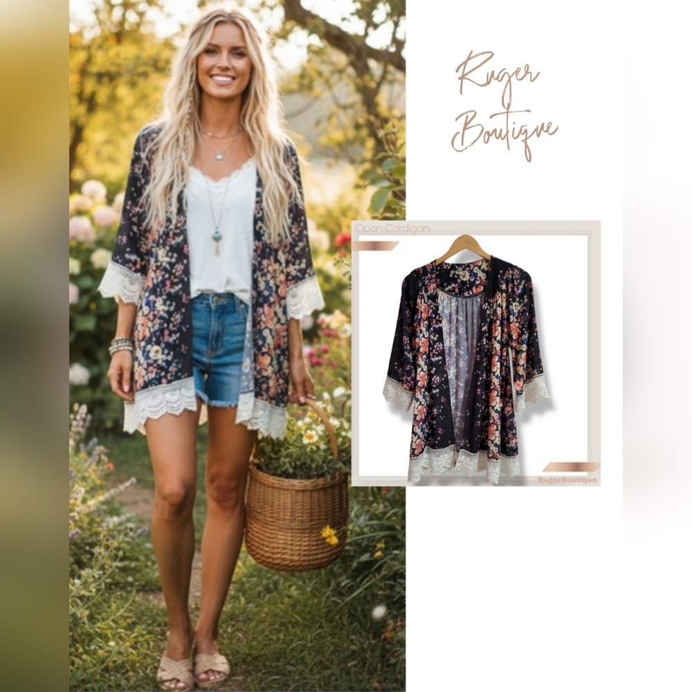 🌿The Wildflower Granny Yoke Cardigan - Black Floral with Scalloped Lace